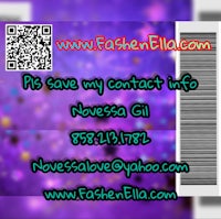 a business card with a purple background and a qr code