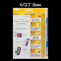 the walgreens beauty essentials coupon is shown on a yellow background